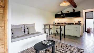 Quarto design, 1 cama Queen, vista para o jardim | Área de estar | TV de tela plana 120 cm com canais a cabo