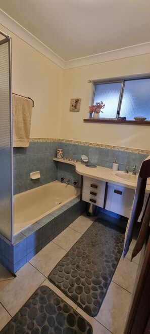 Hair dryer, towels, soap, shampoo