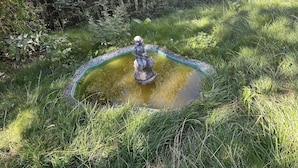 En trädgård med en staty i en damm, omgiven av gräs och växter.