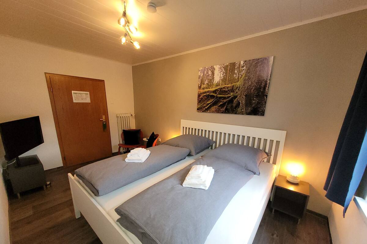 Un lit double avec du linge de lit gris, une table de chevet avec une lampe, un tableau au mur et une porte sur la gauche.