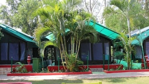 A building with a green roof and multiple windows, surrounded by palm trees and a well-maintained garden. - SandPebbles Bhitarkanika Jungle Resorts (Rajnagar)