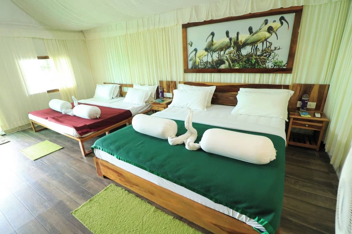 A hotel room with two single beds, a large bed with a green bedspread, wooden headboards, white pillows, a painting of birds on the wall, and a wooden floor.