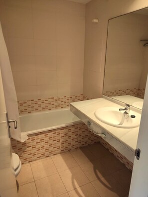 Hair dryer, bidet, towels, soap