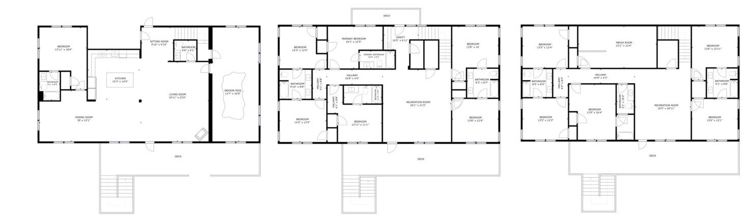 Drei Grundrisse eines Hotels mit mehreren Schlafzimmern, einer Küche und einem Wohnzimmer. Jeder Plan umfasst eine Terrassenfläche.