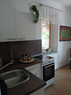 Frigorífico, microondas, horno y placa de cocina
