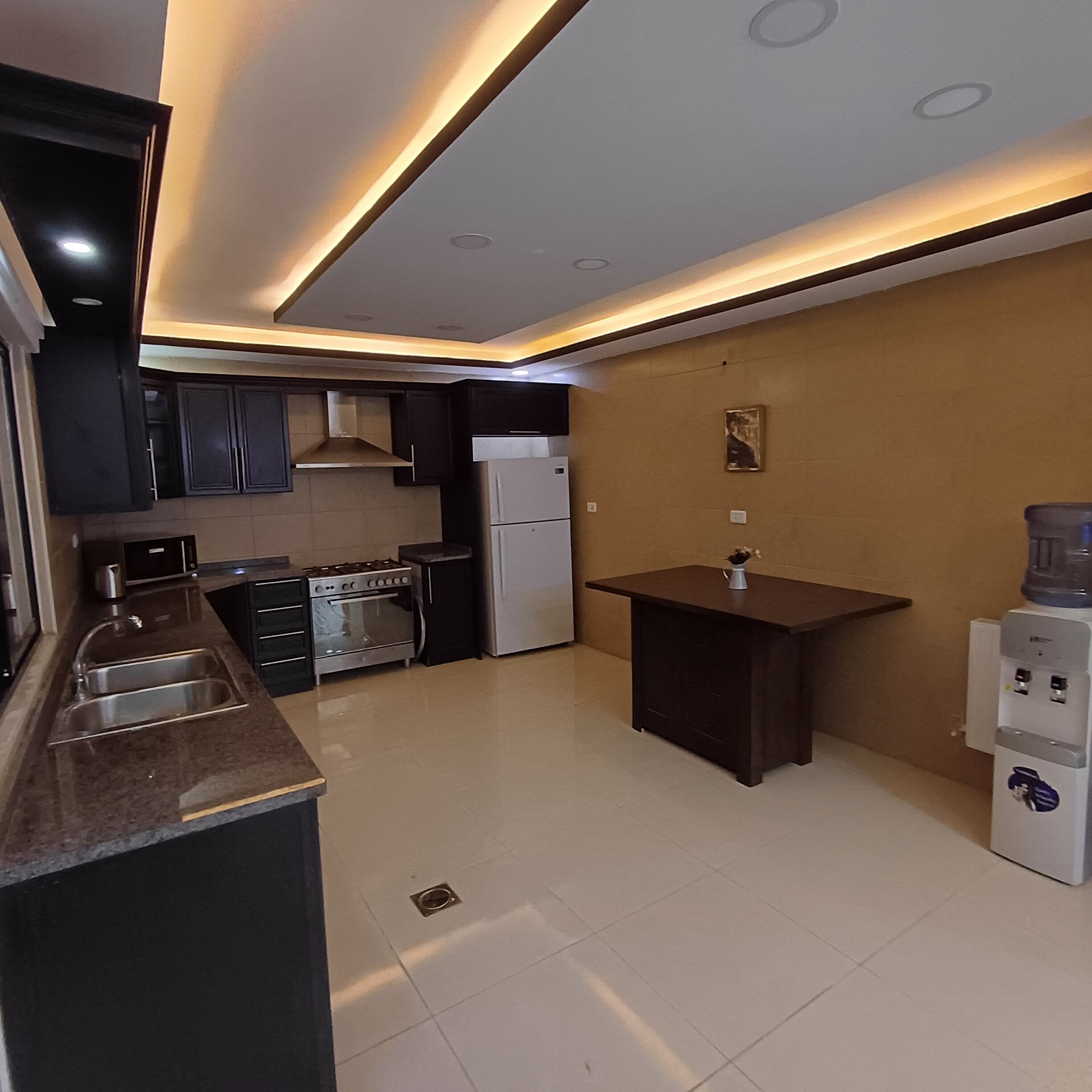 Une cuisine moderne avec des meubles de couleur sombre, des appareils électroménagers en acier inoxydable et un îlot central.