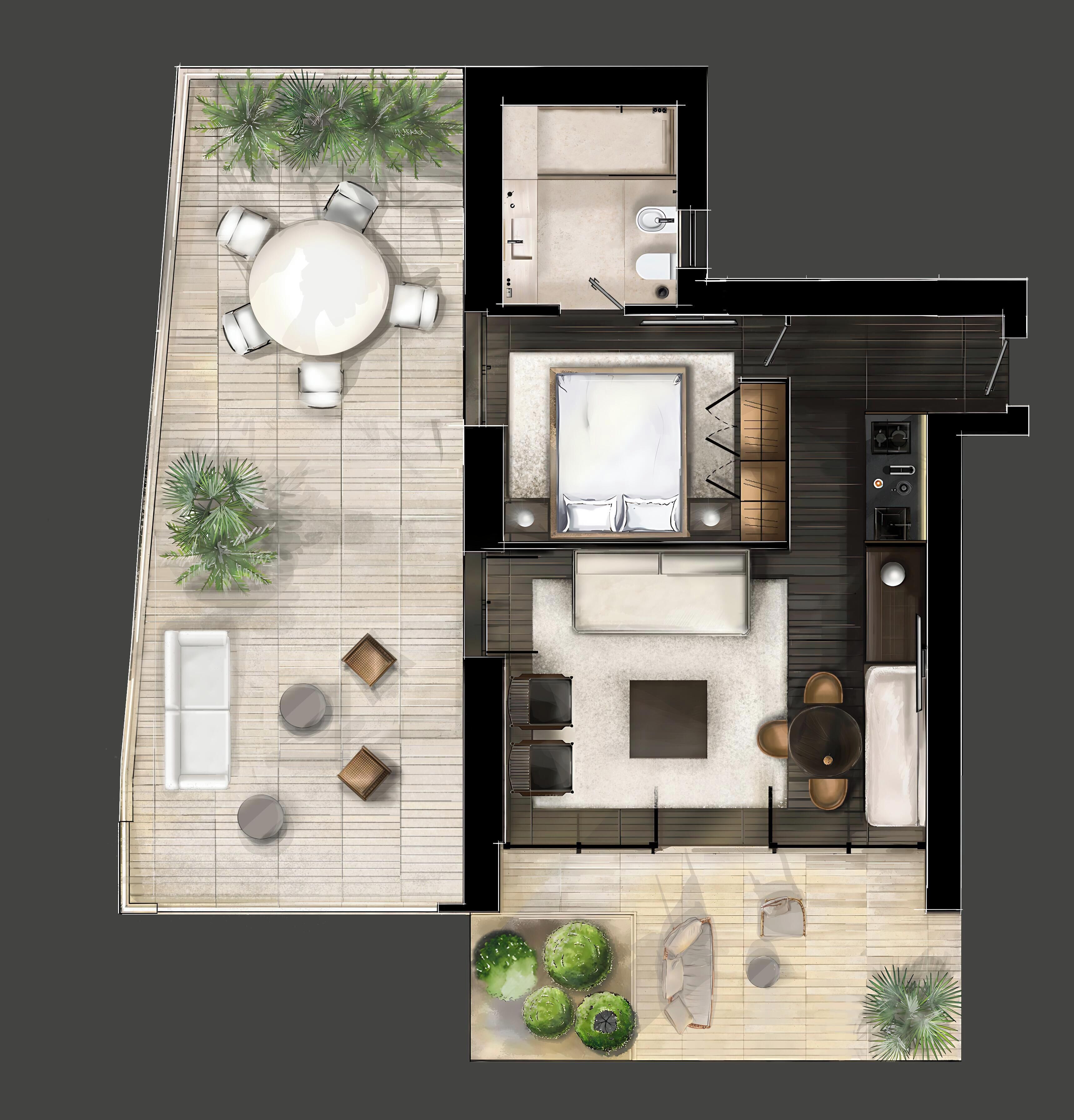 A top-down view of a modern apartment with a living area, kitchen, and balcony.