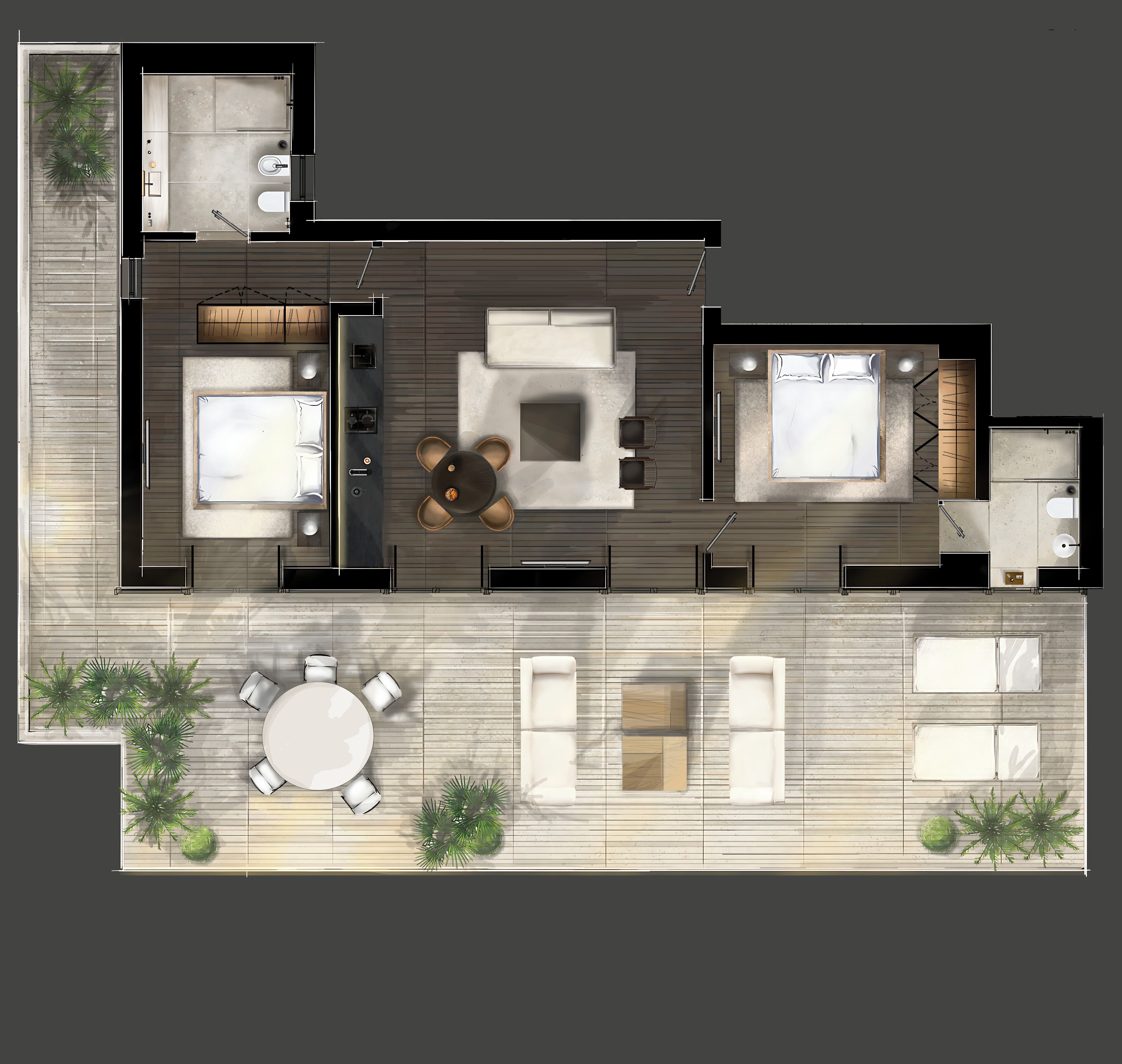 Een moderne appartementindeling met een woonkamer, eetgedeelte, keuken, twee slaapkamers en een balkon.