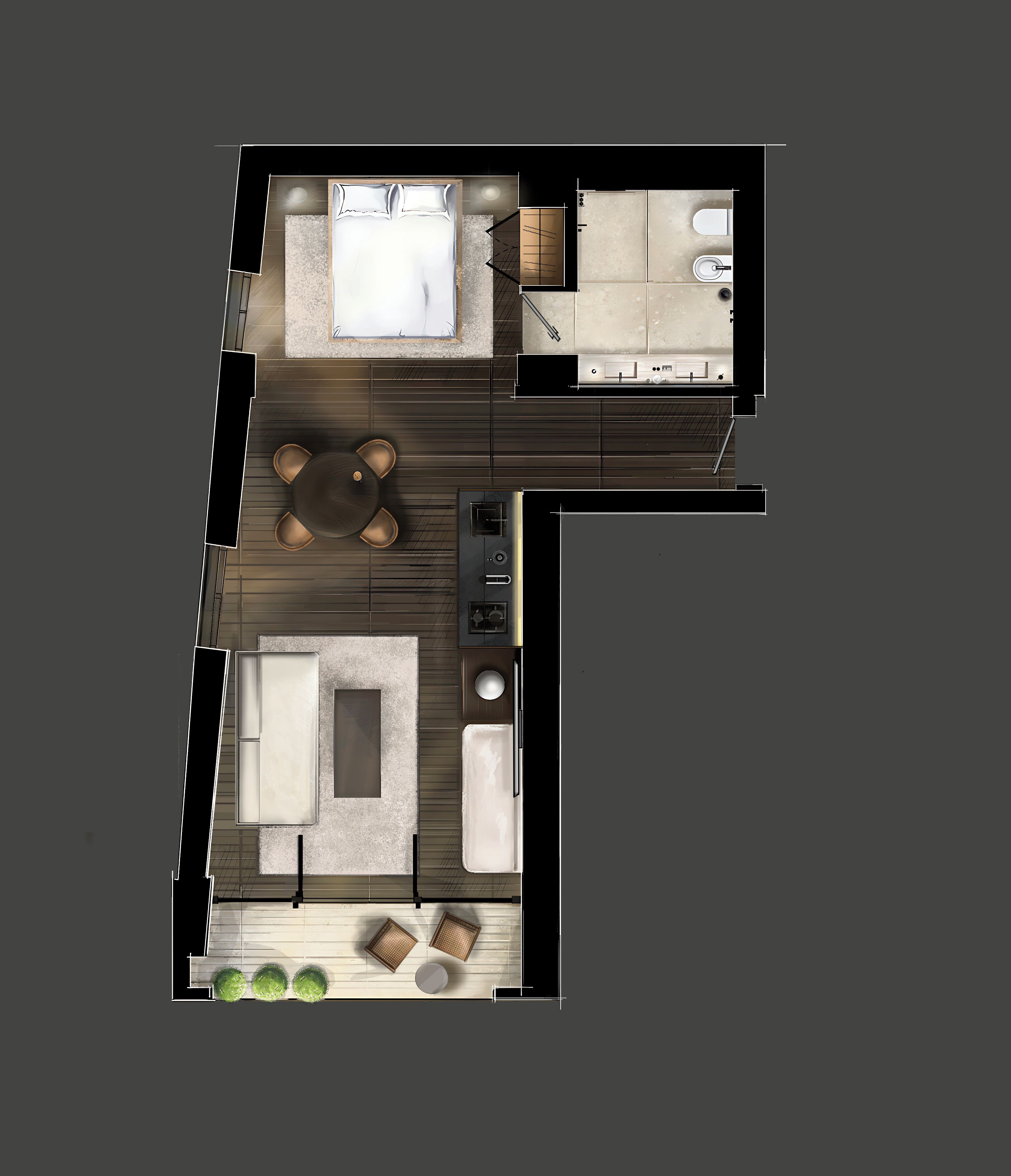 A top-down view of a modern hotel room with a bed, a sitting area with a table and chairs, a kitchenette, a bathroom, and a small balcony with plants.