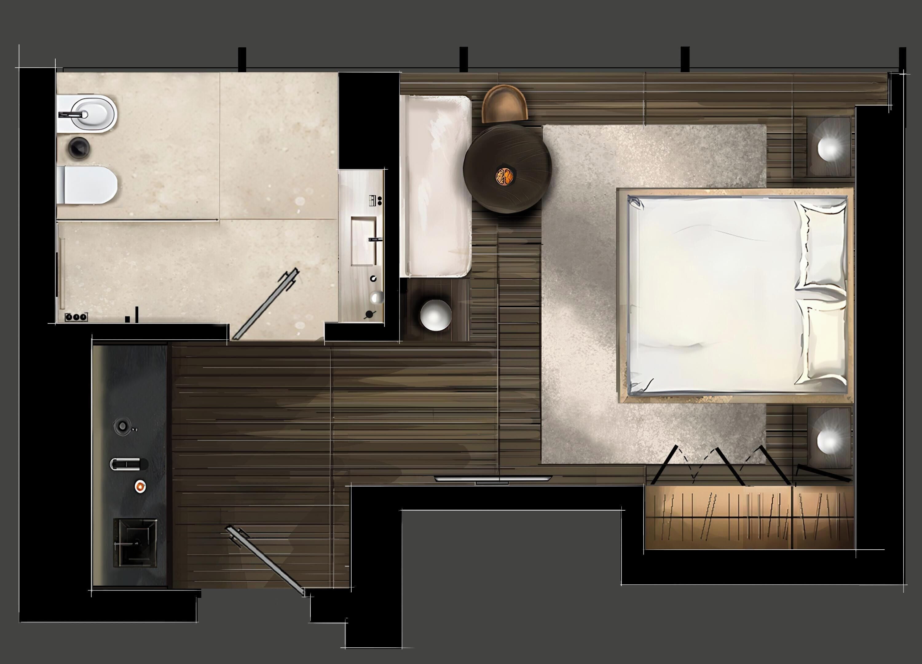 A bedroom with a large bed, a bedside table, and a chair.