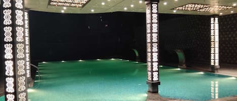 Indoor pool, open 11:00 AM to 8:00 PM, lifeguards on site