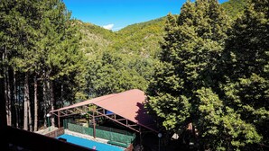 A pool area with a red-roofed pavilion, surrounded by dense forest and hills. - Eurohotel Gradce - Hotel Brana Gradce (Dolno Gradche)