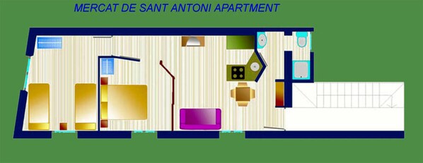 Plano de distribución del apartamento Mercat de Saint Antoine que muestra una sala de estar, cocina, dos dormitorios y un baño.