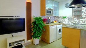 A modern kitchen with a flat-screen TV, washing machine, and a potted plant.