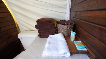 Shower, soap, shampoo, toilet paper