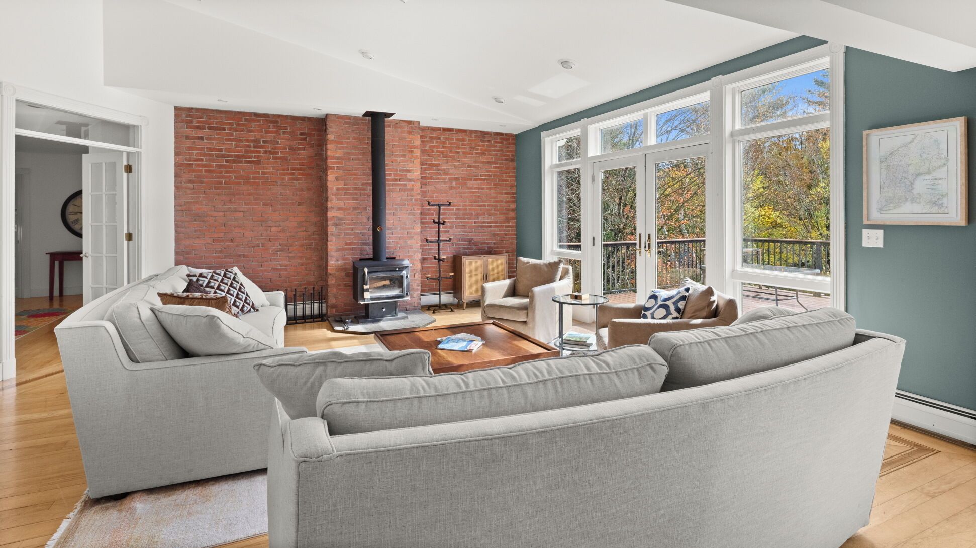 TV, fireplace, books