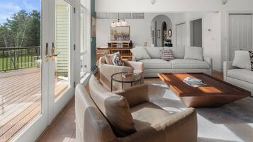 TV, fireplace, books