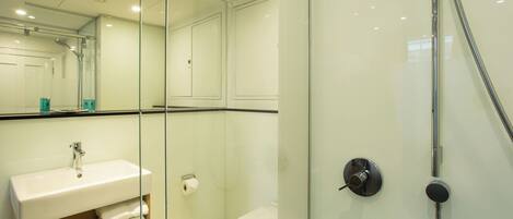 A modern bathroom with a glass shower enclosure, a sink with a mirror, and a toilet.