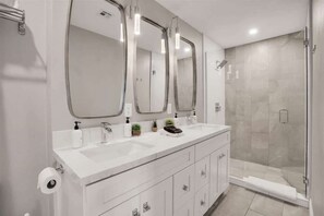 Shower, hair dryer, shampoo