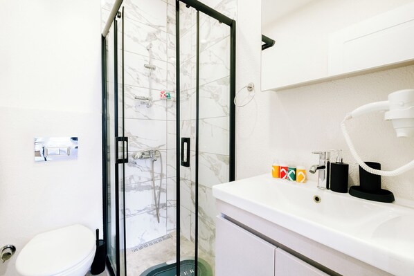 A modern bathroom with a glass shower enclosure, a white sink with a mirror, and a toilet.