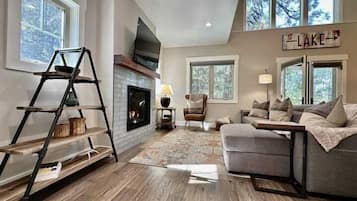 Smart TV, fireplace, books