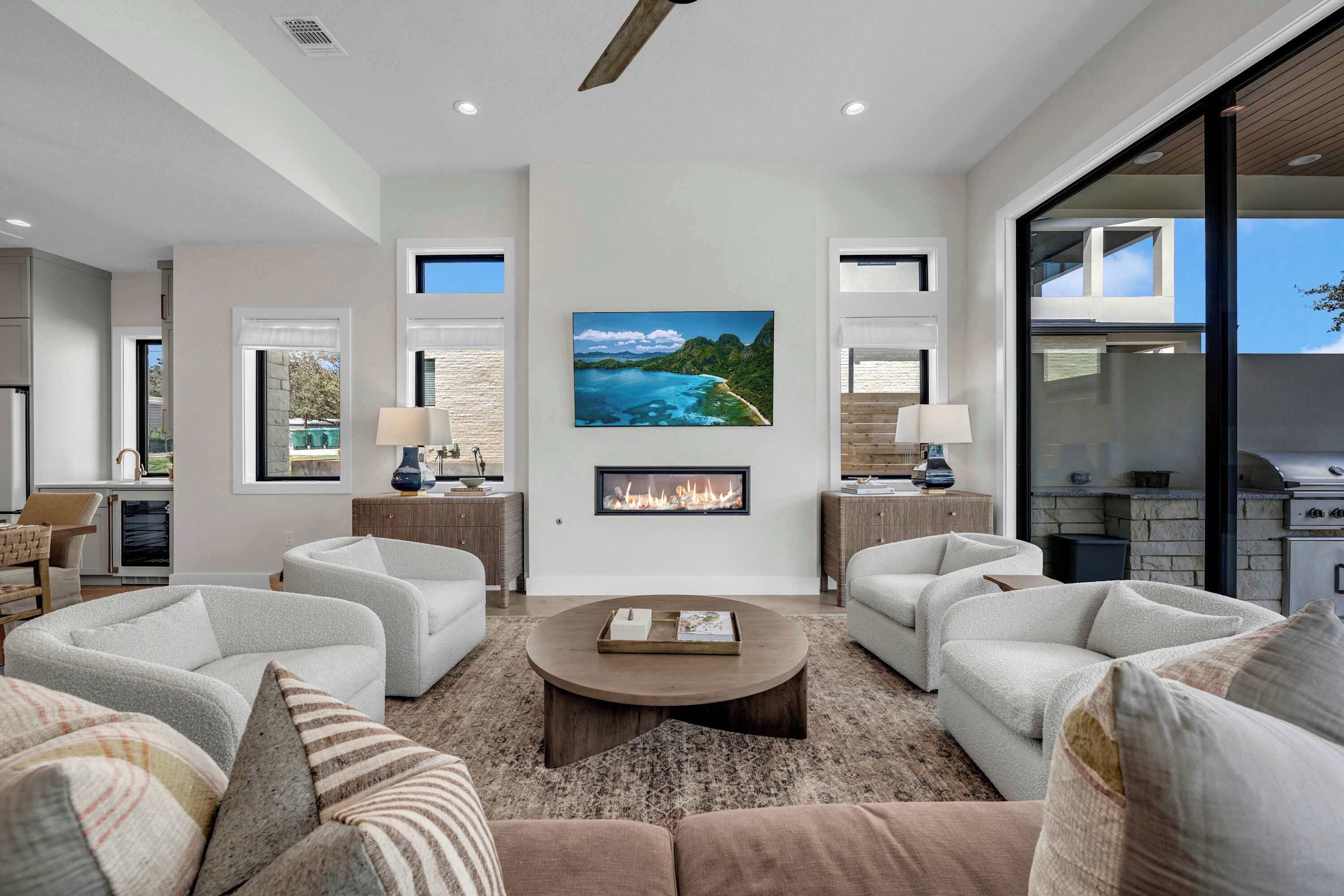 Smart TV, fireplace, video games, books