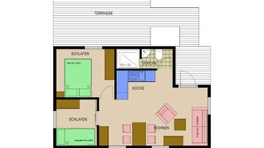 A floor plan with a terrace, two bedrooms, a bathroom, a kitchen, and a living area. - Meiks Ostsee-Hütten - Holiday home 5 (Dranske)