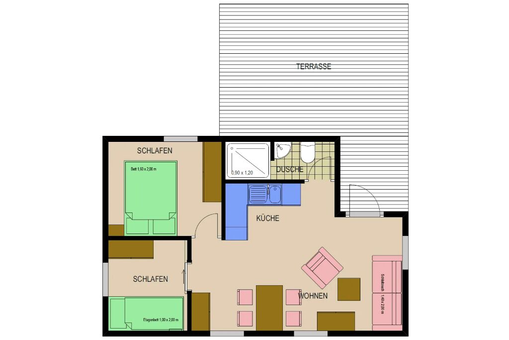 A floor plan of a hotel with labeled rooms including a terrace, two bedrooms, a bathroom, a kitchen, and a living area.