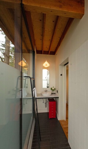 A narrow hallway with a glass door leading to a bathroom. The bathroom features a sink, mirror, and red cabinet. - Conner Glass Cabin by Boutique (La Conner)