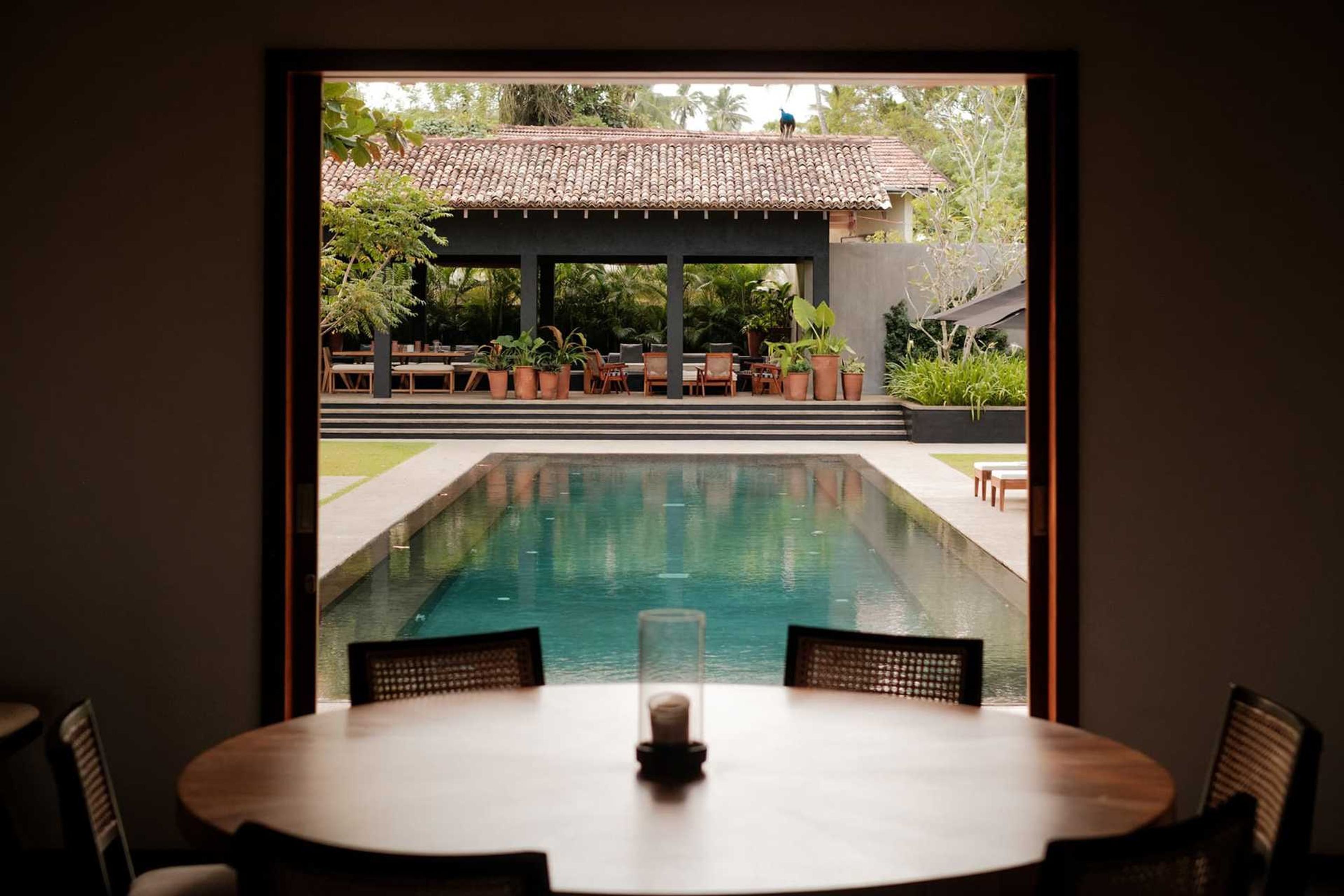 Vista de un área junto a la piscina con mesa y sillas, una pérgola y plantas en macetas.