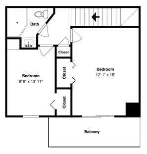 Plano de planta que muestra dos dormitorios, un baño y un balcón.