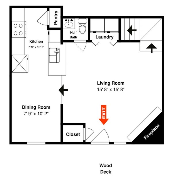 Plano de planta que muestra una cocina, comedor, sala de estar, aseo de cortesía, lavandería, armario y chimenea.