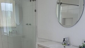 A modern bathroom with a glass shower enclosure, a toilet, and a vanity with a mirror.