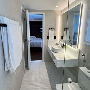 A modern bathroom with a large mirror, a white sink, and a toilet. - EDF. LUCIANE PEREIRA (Recife)