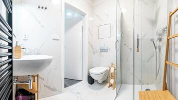 Douche, sèche-cheveux, serviettes fournies, savon