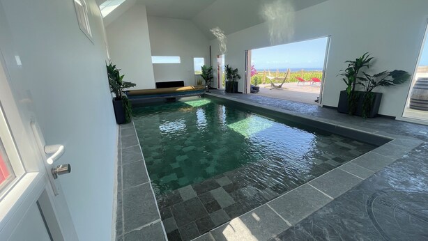 A spacious indoor swimming pool with clear water, surrounded by tiled flooring and potted plants. - HOUSE WITH INTERIOR SWIMMING POOL WITH SEA VIEW, mini golf course (plouarzel)