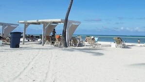 A beach with palm trees, a covered seating area, and a clear blue sky.