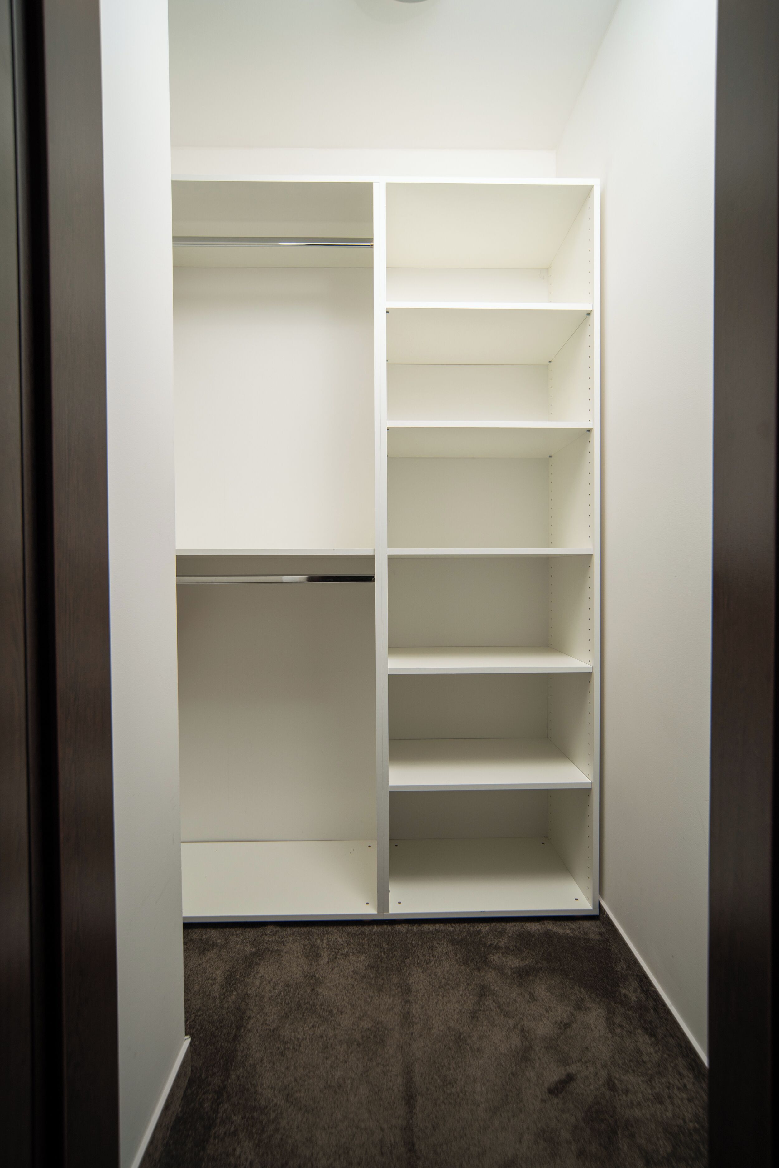A closet with open shelves and a hanging rod, carpeted floor, and dark walls.
