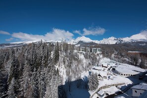 A snow-covered mountain landscape with buildings and trees.