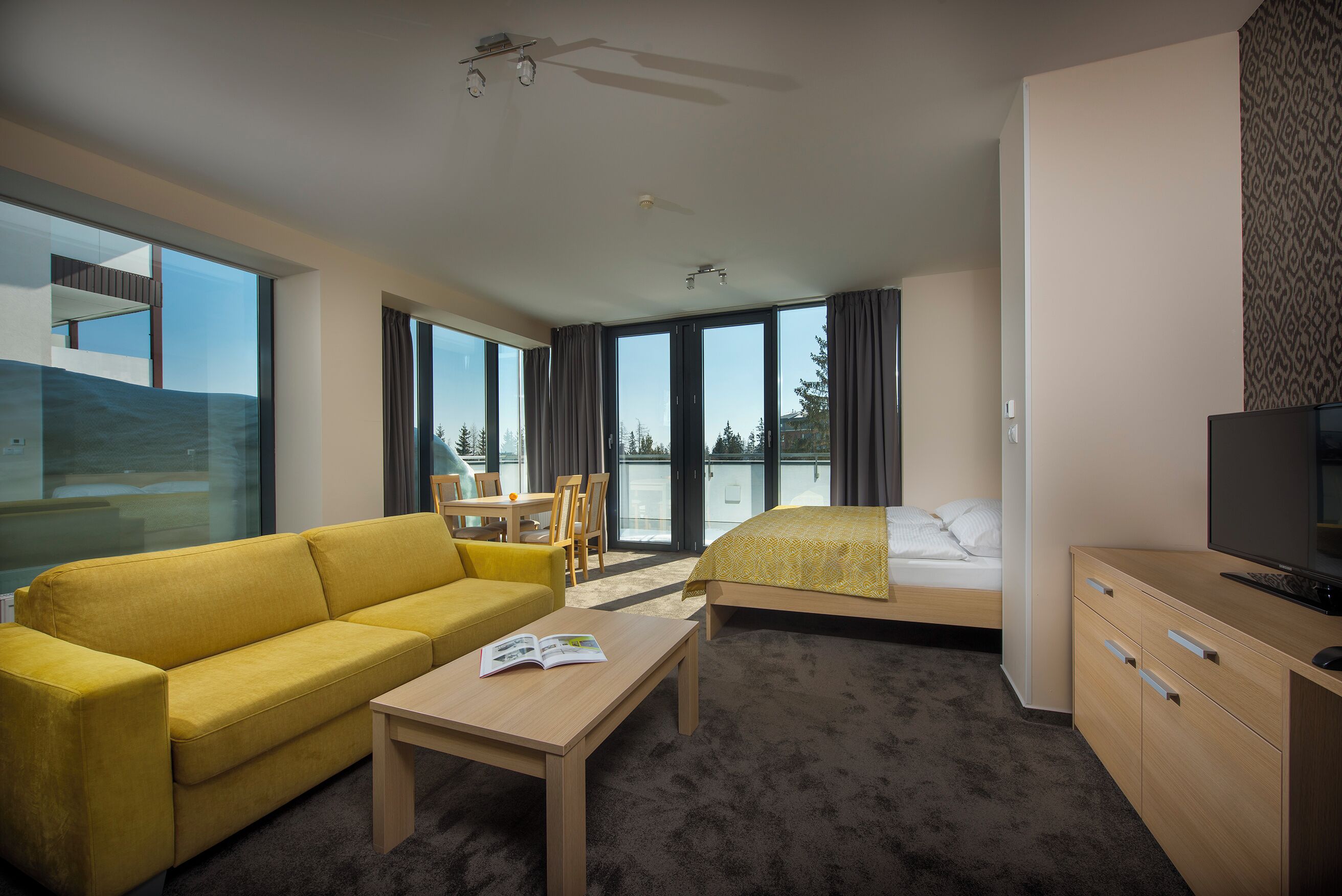 A hotel room with a sofa, a bed, a desk, a TV, and large windows.