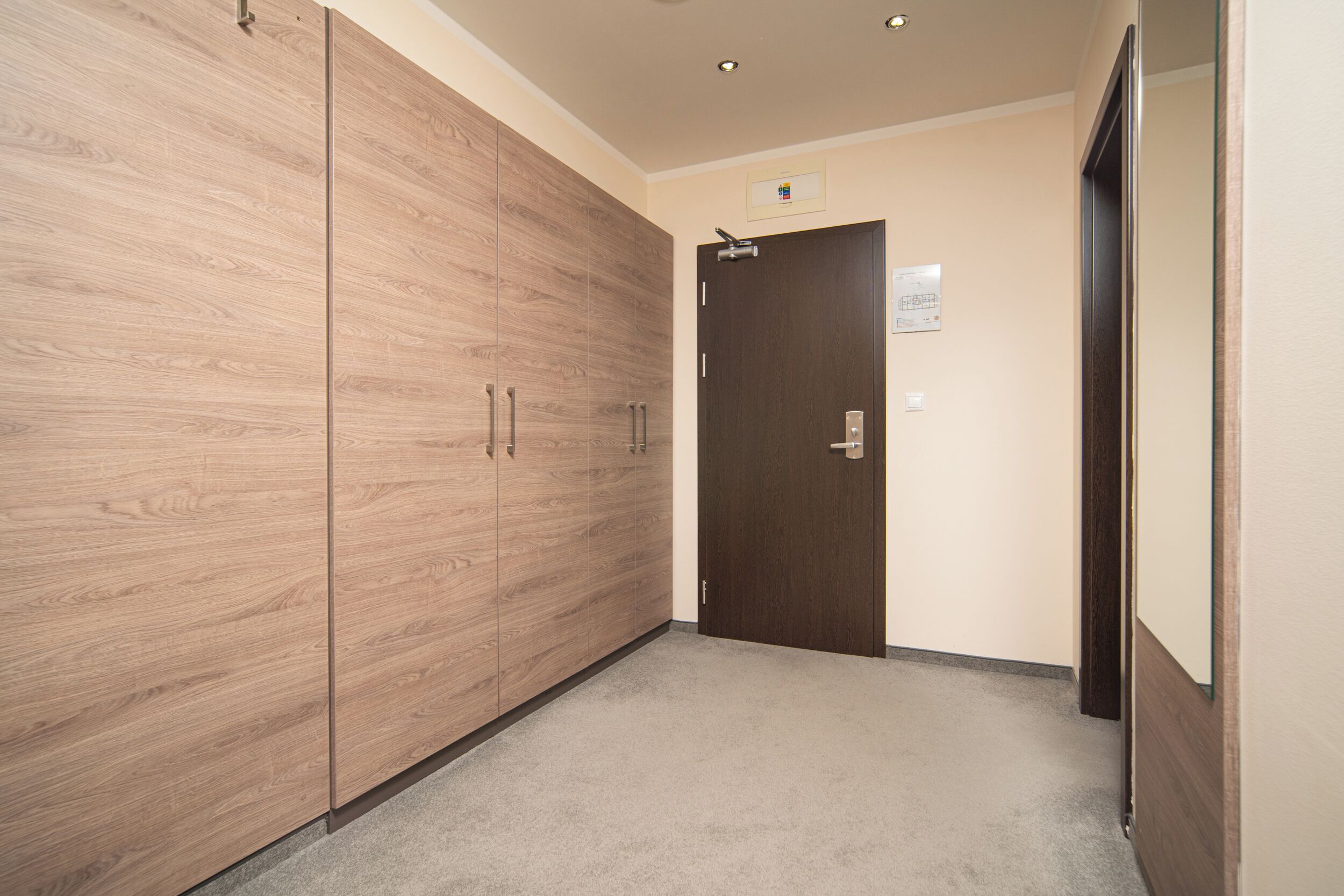 A hallway with a wooden wardrobe and a door, carpeted floor, and a light switch on the wall.