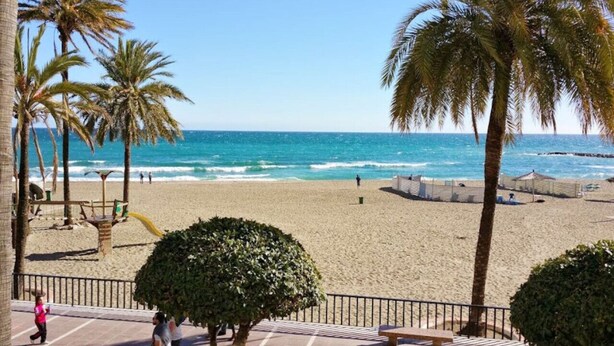 A beach with palm trees, a sandy shore, and a clear blue sky. - Nice Seaview 2 Bed 2 Bath Apartm. (Benalmádena)