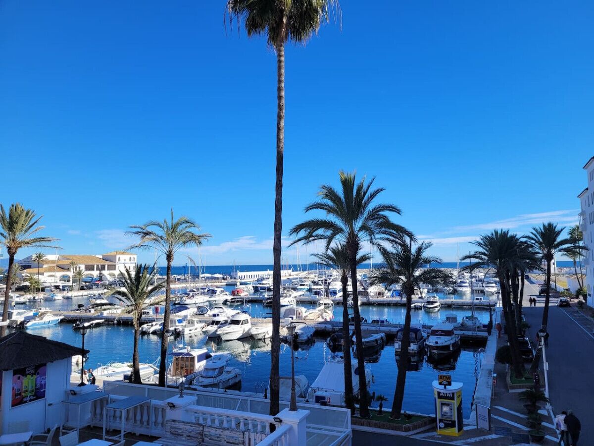 A marina with boats docked, palm trees, and a building with a white facade.