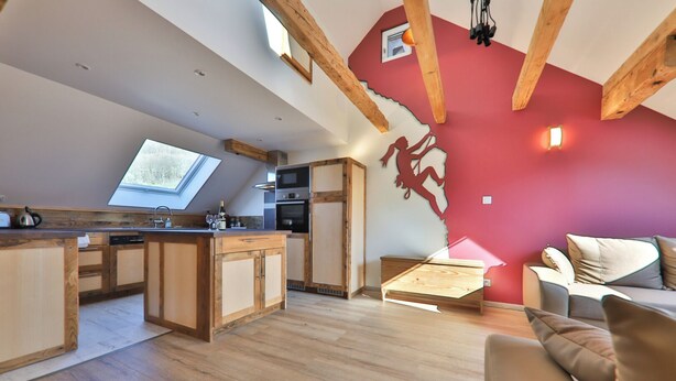 A modern kitchen with wooden cabinets, a skylight, and a red accent wall.