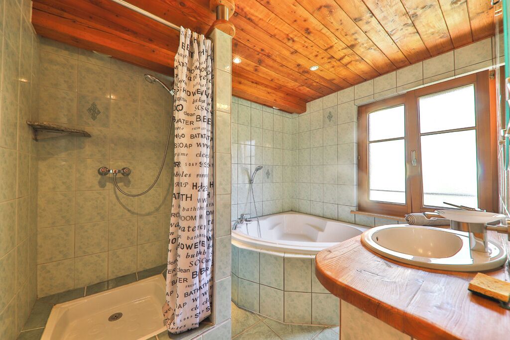 A bathroom with a shower, bathtub, and sink.