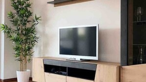 A modern living room with a flat-screen TV on a wooden TV stand, a large potted plant, and a minimalist shelving unit.