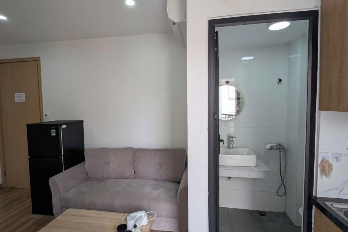 A compact living space with a kitchenette, a sofa, and a glass-enclosed shower area.