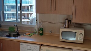 Une cuisine compacte avec des meubles en bois, un lave-vaisselle encastré, un lave-linge et un four à micro-ondes.