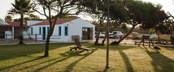 A white building with blue trim, a covered patio, and a lawn with two lounge chairs. - Monte da Moita Nova (Odemira)