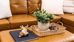A brown leather sofa with a potted plant, a woven basket, and a book on a matching ottoman. - The Ridge House-Lake House w/Hot Tub & Game Room-DOG friendly (Eureka Springs)